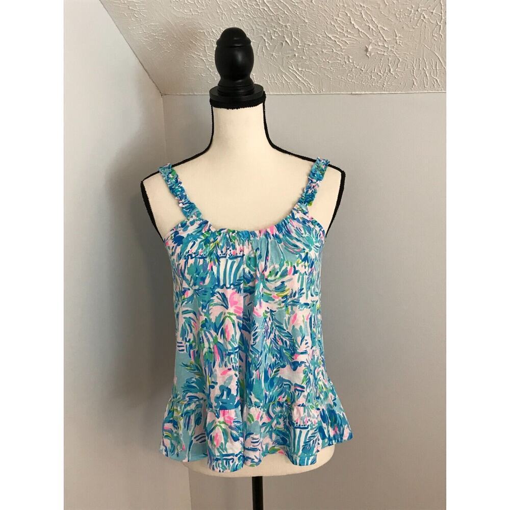 Lilly Pulitzer Loro Tank XXS Ibiza Cabana Cocktail Floral Ruffle Strap Top - Picture 2 of 9